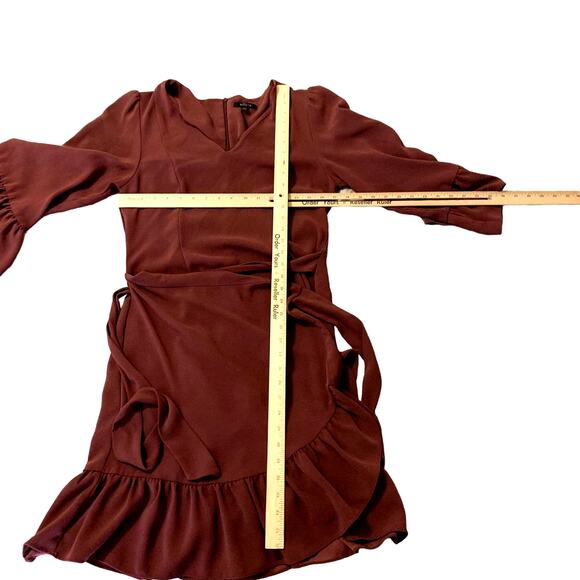 Drew Mai Drape Sleeve & Ruffle Mini Dress Medium Women Burgundy Wine Tie Wrap - Picture 8 of 16